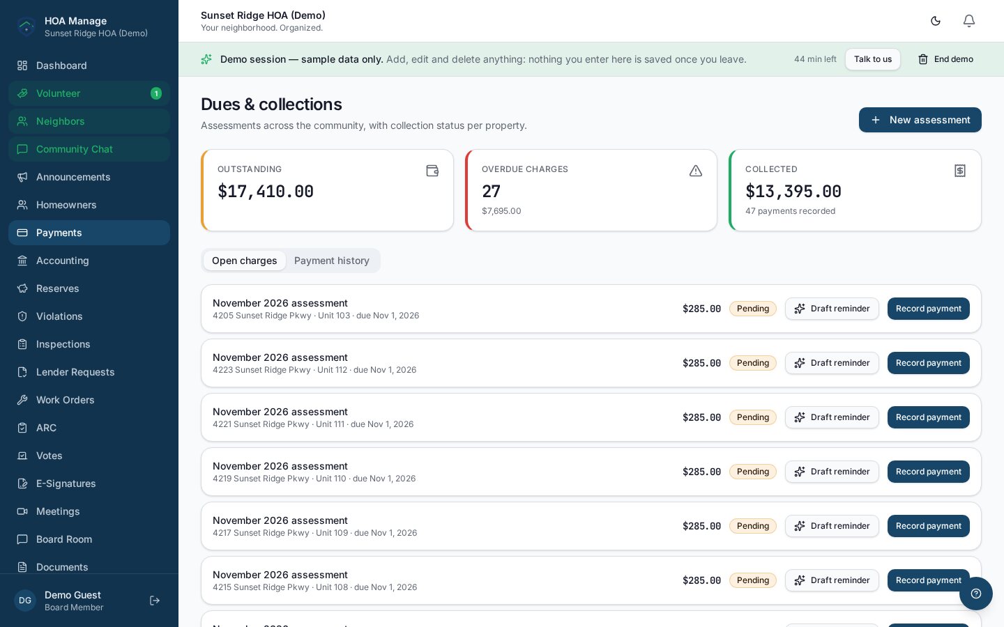 Dues, autopay and per-property ledgers