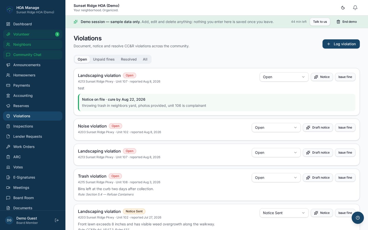 Violations with photo evidence and cure deadlines
